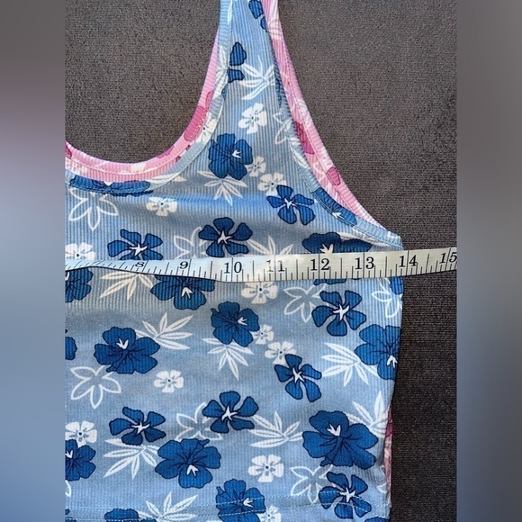 SET of 2 Floral Print Rib Knit Halter Crop Top Blue Pink Hibiscus Hawaii Summer - Picture 11 of 13